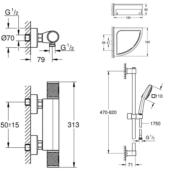 GROHE - Mitigeur douche thermostatique Precision Feel + Ensemble de douche 2 jets avec barre + Tablette d'angle - large