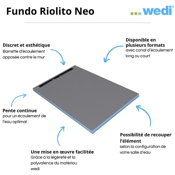 WEDI - Receveur à carreler Fundo Riolito Neo + barrette de finition + bonde horizontal + kit d'étanchéité 180 x 90 cm - large