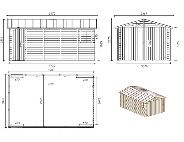 ALTANKA - Garage en bois - 14.94m2 - 3.05x4.93m - Ep. 18mm - couleur: naturel - GAR28 - large