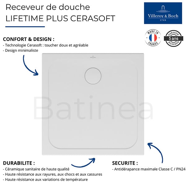 VILLEROY ET BOCH - Receveur de douche antidérapant 80 x 80  Lifetime Plus Cerasoft céramique blanc + Bonde chromé brossé - large