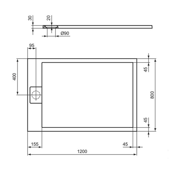 IDEAL STANDARD - Receveur de douche antidérapant Ultra Flat S I.Life recoupable avec bonde largeur 120 x 80 - large
