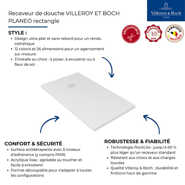 VILLEROY ET BOCH - Receveur 170 x 90  Planeo acrylique rectangle nature creme - large