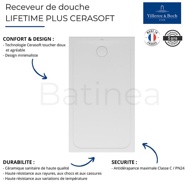 VILLEROY ET BOCH - Receveur de douche antidérapant 140 x 80  Lifetime Plus Cerasoft céramique blanc + Bonde blanc - large