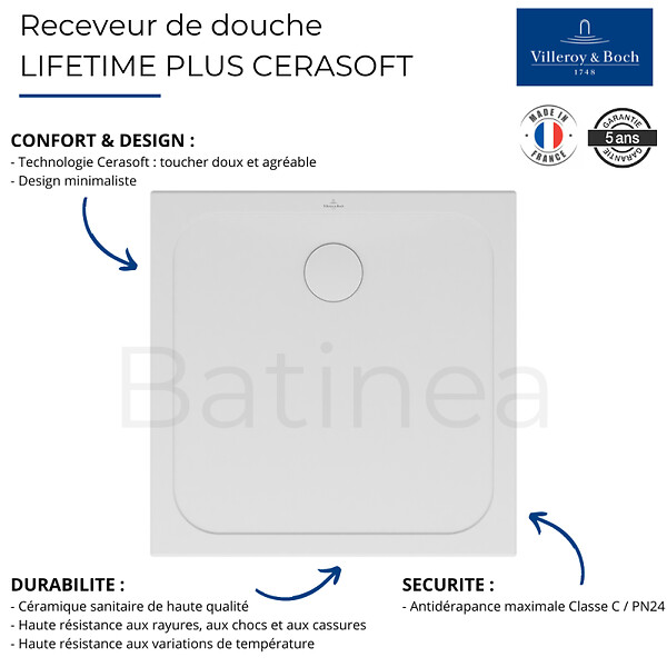 VILLEROY ET BOCH - Receveur de douche antidérapant 100 x 100  Lifetime Plus Cerasoft céramique blanc + Bonde chromé brossé - large