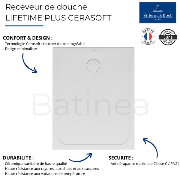 VILLEROY ET BOCH - Receveur de douche antidérapant 100 x 80  Lifetime Plus Cerasoft céramique blanc + Bonde chromé brossé - large
