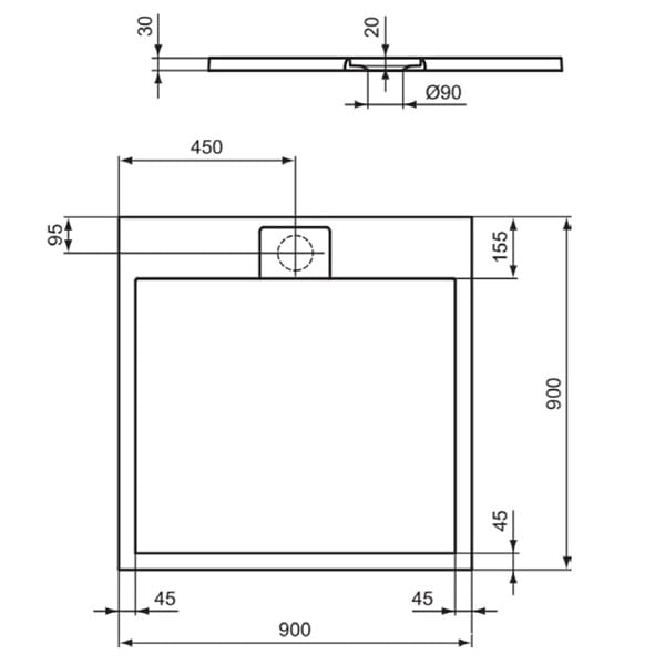 IDEAL STANDARD - Receveur de douche antidérapant Ultra Flat S I.Life recoupable avec bonde longueur 90 x 90 - large