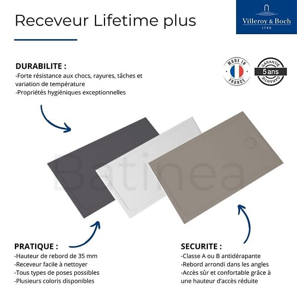 VILLEROY ET BOCH - Receveur de douche antidérapant 90 x 90  Lifetime Plus céramique blanc + Bonde blanc - large