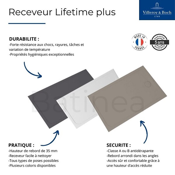 VILLEROY ET BOCH - Receveur de douche antidérapant 120 x 90  Lifetime Plus céramique blanc + Bonde chromé brossé - large
