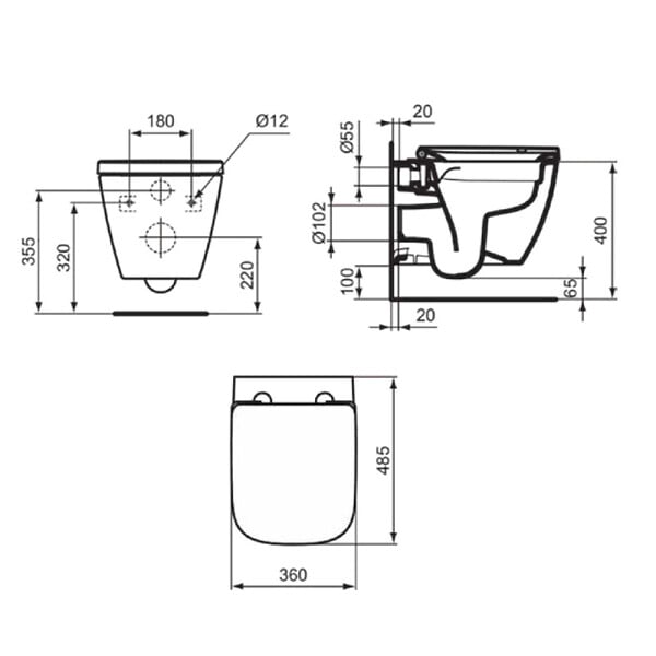 IDEAL STANDARD - WC suspendu compact sans bride I.Life S RimLS+ avec abattant frein de chute - large