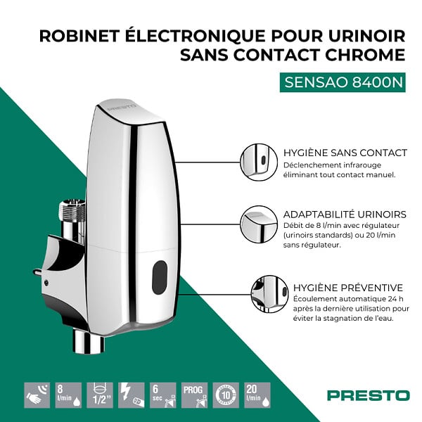 PRESTO - Robinet électronique pour urinoir - SENSAO 8400N ROBINET.ELECTRONIQUE URINOIR 55370 - Alimentation en ligne avec pile lithium 6V - large