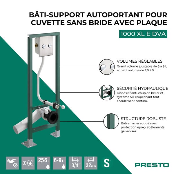 PRESTO - Bâti-support autoportant pour cuvette sans bride 1000 XL E DVA avec plaque - large