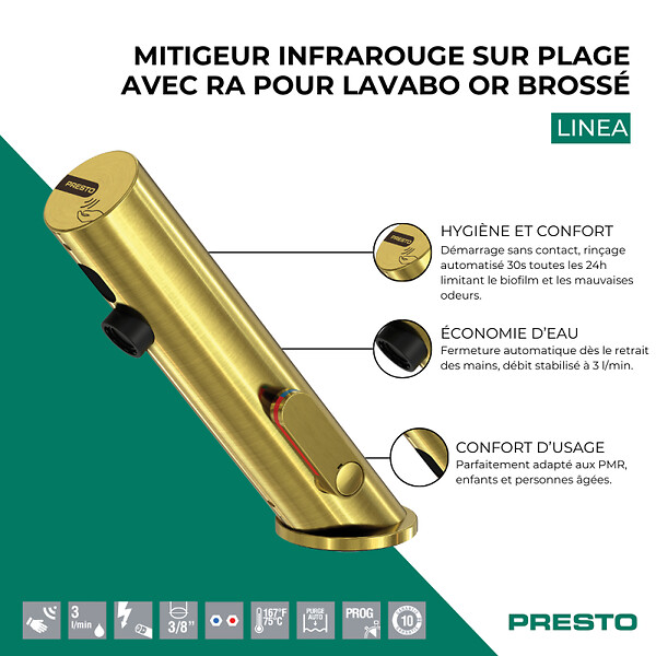 PRESTO - Mitigeur infrarouge sur plage avec RA pour lavabo Linea or brossé - large
