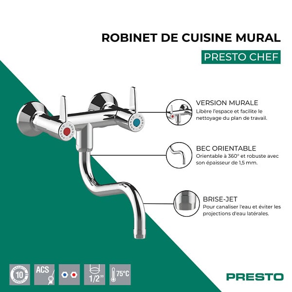 PRESTO - Robinet de cuisine mural Chef Chrome - large