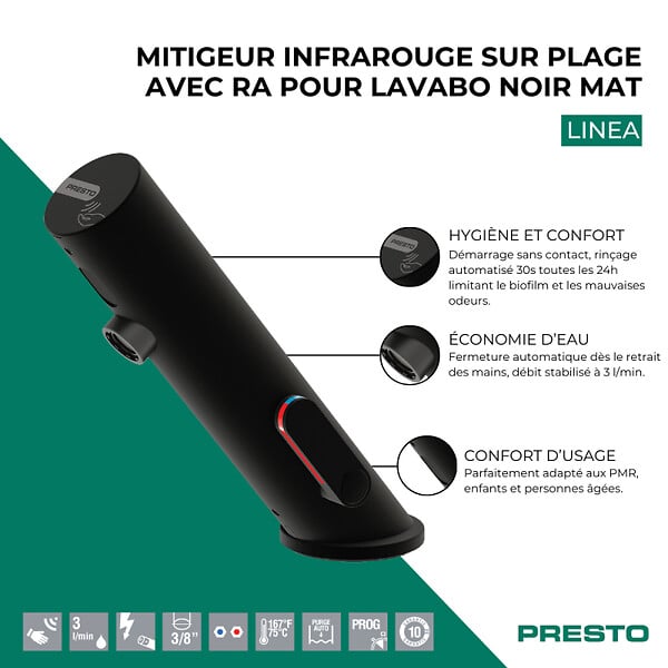 PRESTO - Mitigeur infrarouge sur plage avec RA pour lavabo Linea noir mat - large