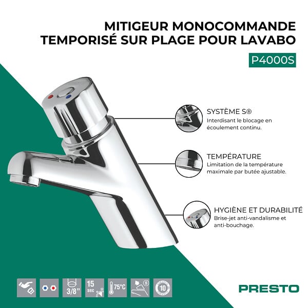 PRESTO - Mitigeur monocommande temporisé sur plage pour lavabo P4000S chromé - large