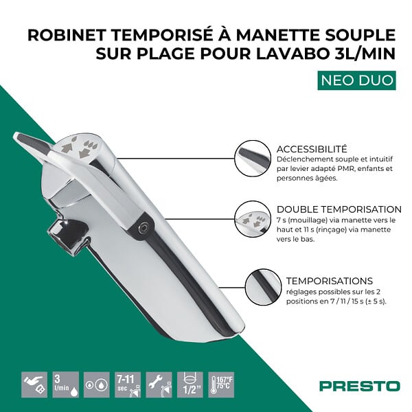 PRESTO - Robinet temporisé à manette souple sur plage pour lavabo Neo duo chromé 3l/min - large