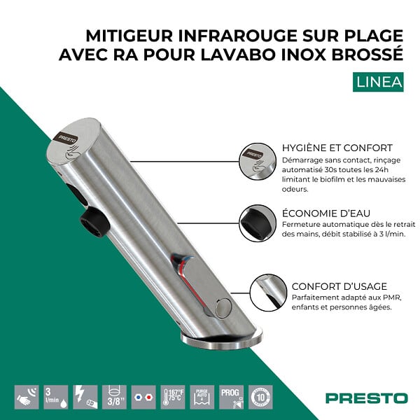 PRESTO - Mitigeur infrarouge sur plage avec RA pour lavabo Linea inox brossé - large