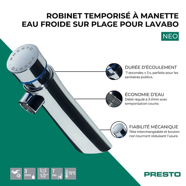 PRESTO - Robinet poussoir temporisé à manette eau froide sur plage pour lavabo Neo chrome - large