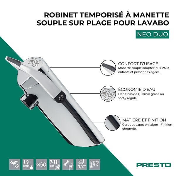 PRESTO - Robinet temporisé à manette souple sur plage pour lavabo Neo duo chrome - large