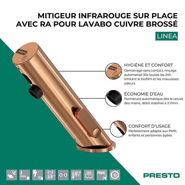 PRESTO - Mitigeur infrarouge sur plage avec RA pour lavabo Linea cuivre brossé - large