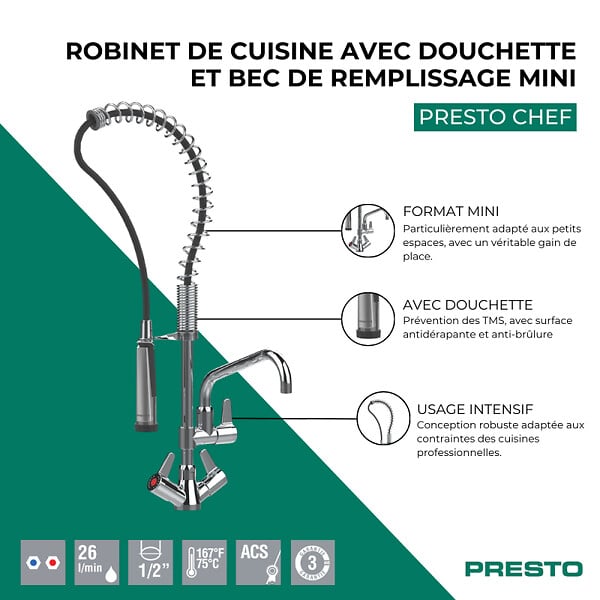 PRESTO - Robinet de cuisine pro mini sur plage avec douchette et bec de remplissage Chef chrome - large