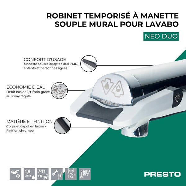 PRESTO - Robinet temporisé à manette souple mural pour lavabo Neo duo chrome - large