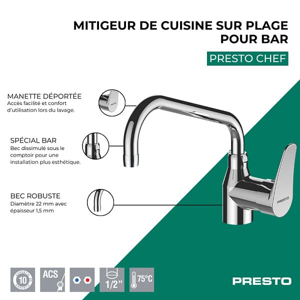 PRESTO - Mitigeur de cuisine pro sur plage pour bar Chef Chrome - large