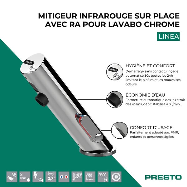 PRESTO - Mitigeur infrarouge sur plage avec RA pour lavabo Linea chromé - large