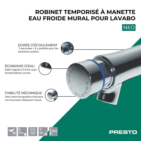 PRESTO - Robinet poussoir temporisé à manette eau froide mural pour lavabo Neo chromé - large