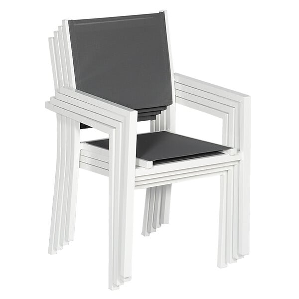 HAPPY GARDEN - Lot de 6 chaises en aluminium blanc - textilène gris - large