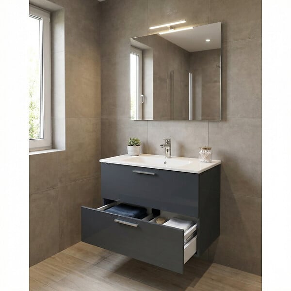 VITRA - Vitra  Mia ensemble avec meuble préassemblé 79x61x39,5 cm + miroir + lavabo + éclairage LED, anthracite brillant (MIASET80A) - large