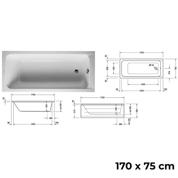 DURAVIT - Baignoire droite D-Code 170 x75 cm + Pare bain gauche AURYS Raywall chromé version gauche - large