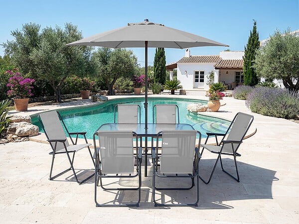 HABITAT ET JARDIN - Table et chaises de jardin avec parasol en métal "Convivia" - 6 places - Gris clair - large