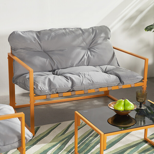 CONCEPT USINE - Salon de jardin 4 places contemporain brun et coussins gris RABAT - large