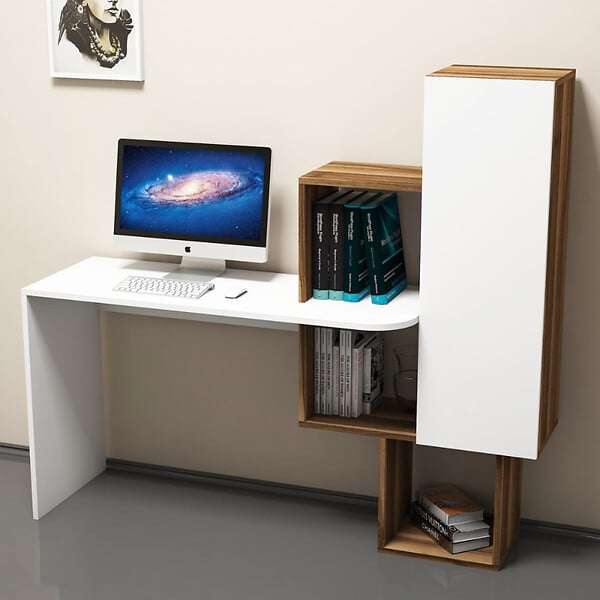 CONCEPT USINE - Bureau fonctionnel 6 rangements - bois et blanc TURKU - large