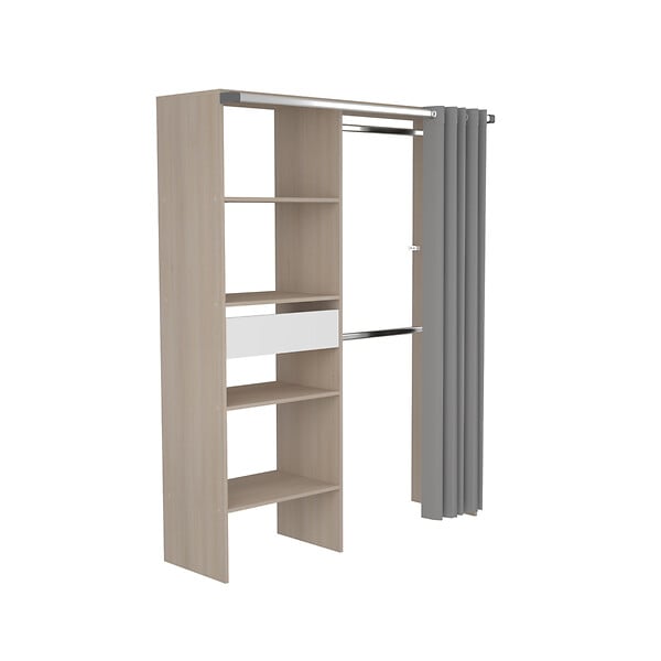 CONCEPT USINE - Dressing avec rideau 4 étagères 2 penderies et un tiroir bois et blanc BALI - large