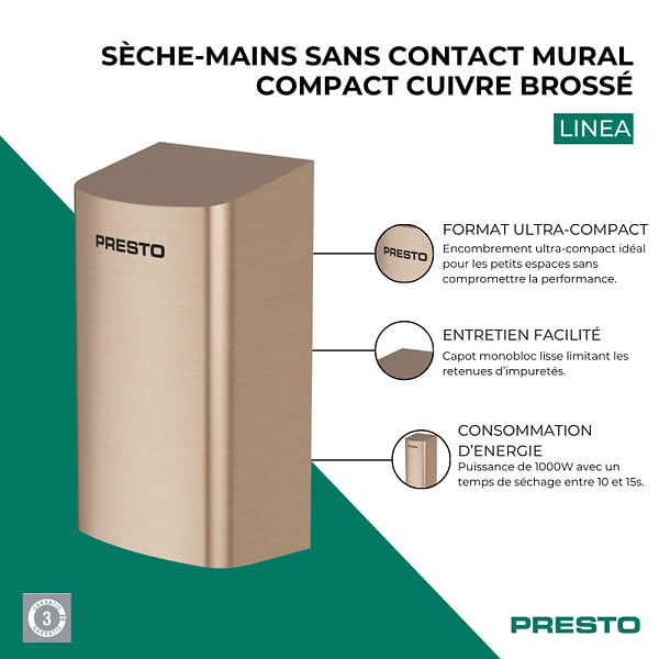PRESTO - Sèche-mains sans contact mural compact Linea cuivre brossé - large