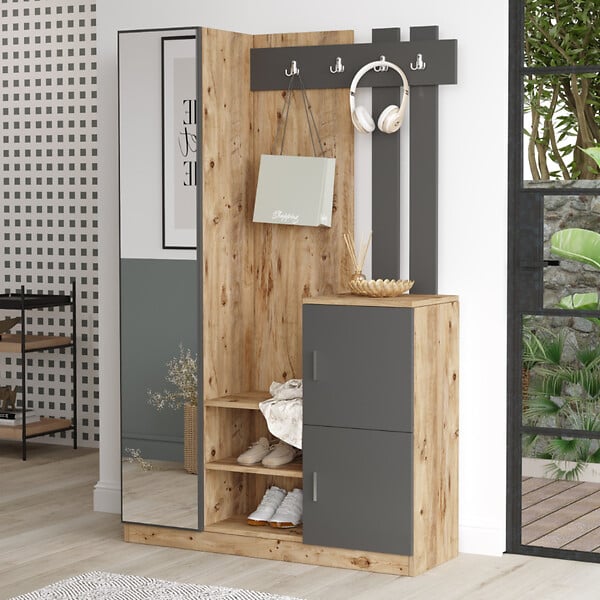 CONCEPT USINE - Meuble d'entrée design bois et gris miroir ANKA - large