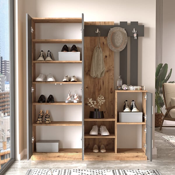 CONCEPT USINE - Meuble d'entrée design bois et gris avec miroir ANKA - large