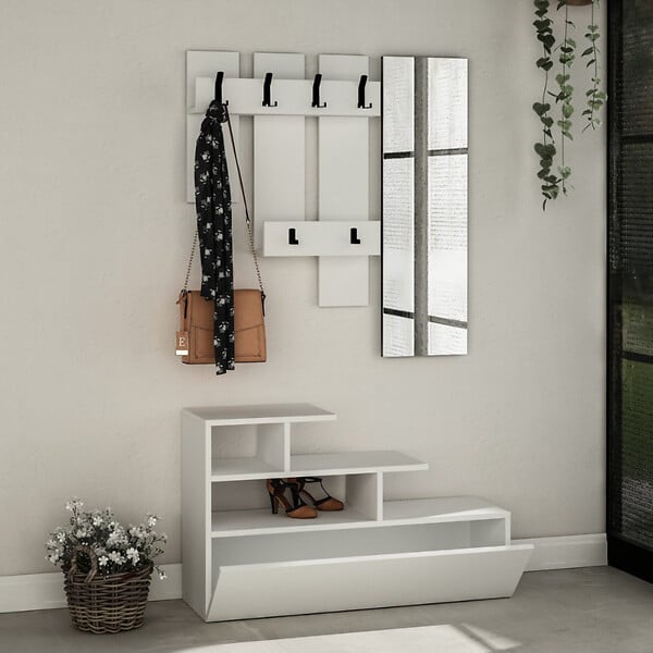 CONCEPT USINE - Meuble d'entrée blanc avec porte manteau rangement et miroir MESTY - large