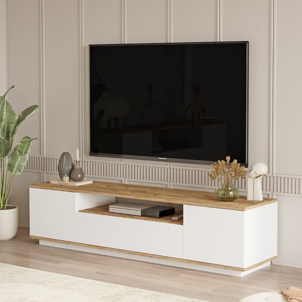 CONCEPT USINE - Meuble TV blanc et bois 180cm TYRO - large