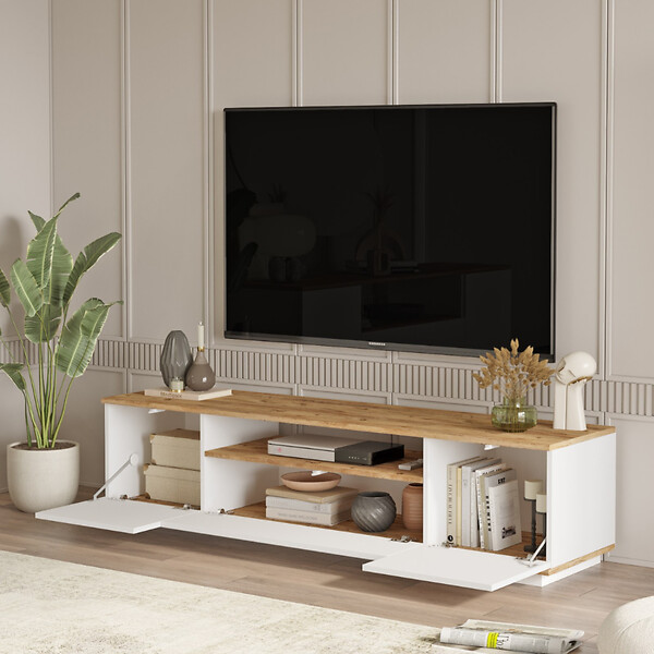 CONCEPT USINE - Meuble TV blanc et bois 180cm TYRO - large