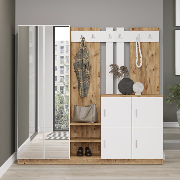 CONCEPT USINE - Meuble d'entrée avec miroir bois et blanc ANKA - large