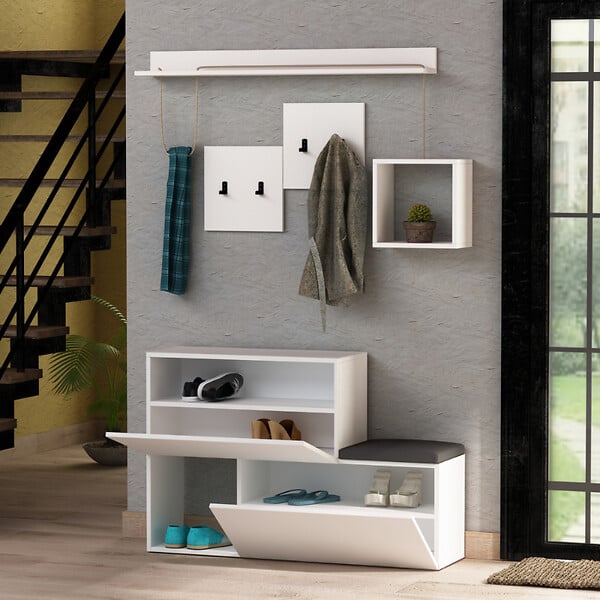 CONCEPT USINE - Meuble d'entrée blanc avec rangements et porte-manteaux INGA - large