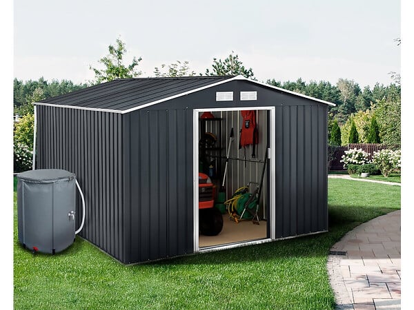 HABITAT ET JARDIN - Abri de jardin métal - "Vegas"- 12.98 m² avec gouttière et récupérateur d'eau - "Vegas" - Gris - large