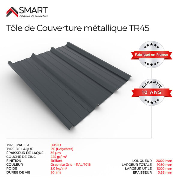 BRAVO THE SMART SOLUTION - Tôle bac acier - Toiture - Couverture - plaque TR45 Coloris Gris Anthracite RAL 7016 Dimensions 2000x1050x0.63mm - large