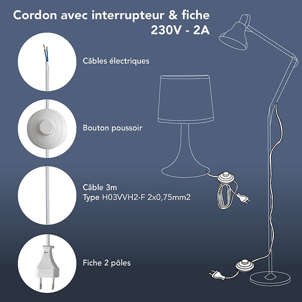TIBELEC - Cordon avec interrupteur à pied - Blanc - 3m - large