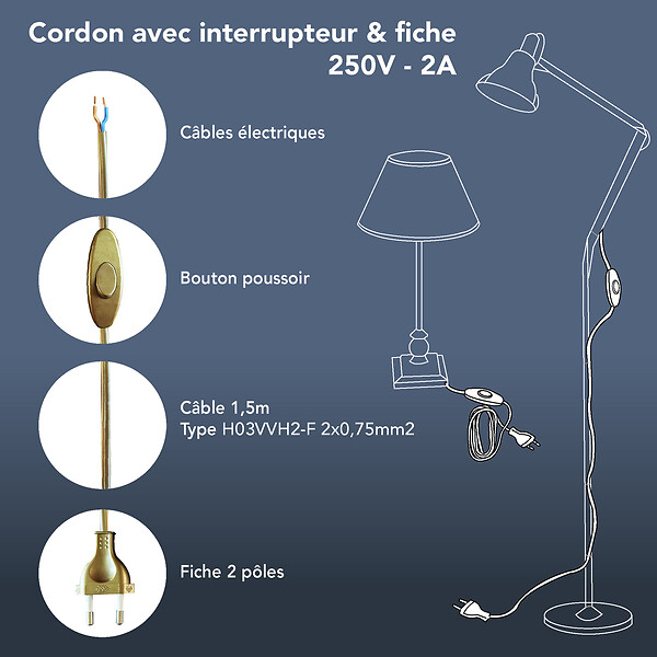 TIBELEC - Cordon électrique doré avec interrupteur - PVC - 1.5m - large