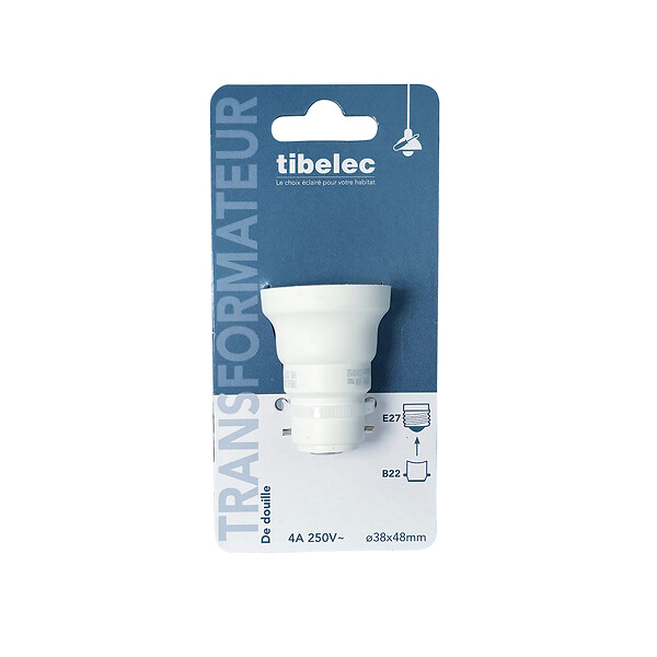 TIBELEC - Transformateur de douille B22 vers E27 - Plastique blanc - 60W - large
