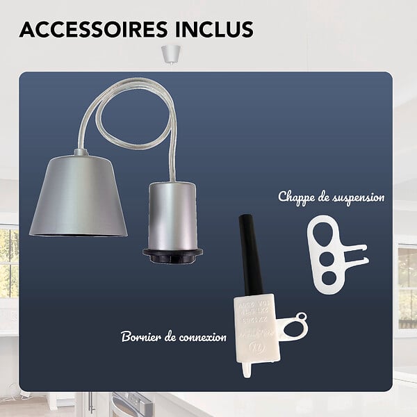 TIBELEC - Monture suspension plastique argentée douille E27 60W - large